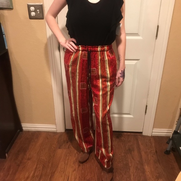 Vintage Boho Style Wide Leg Elastic Waist  Striped Printed Pants Size Medium - Picture 7 of 10